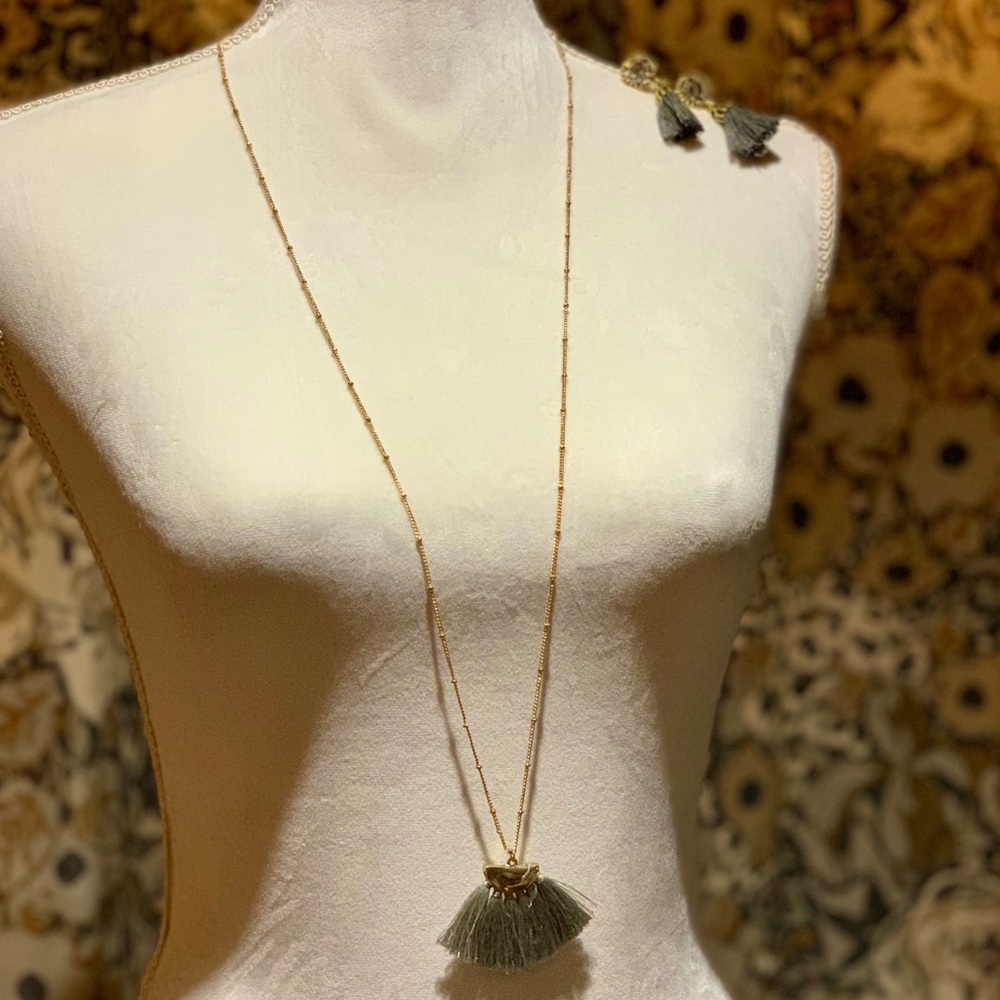Gray & Gold Tassel Bling Necklace & Earring Set